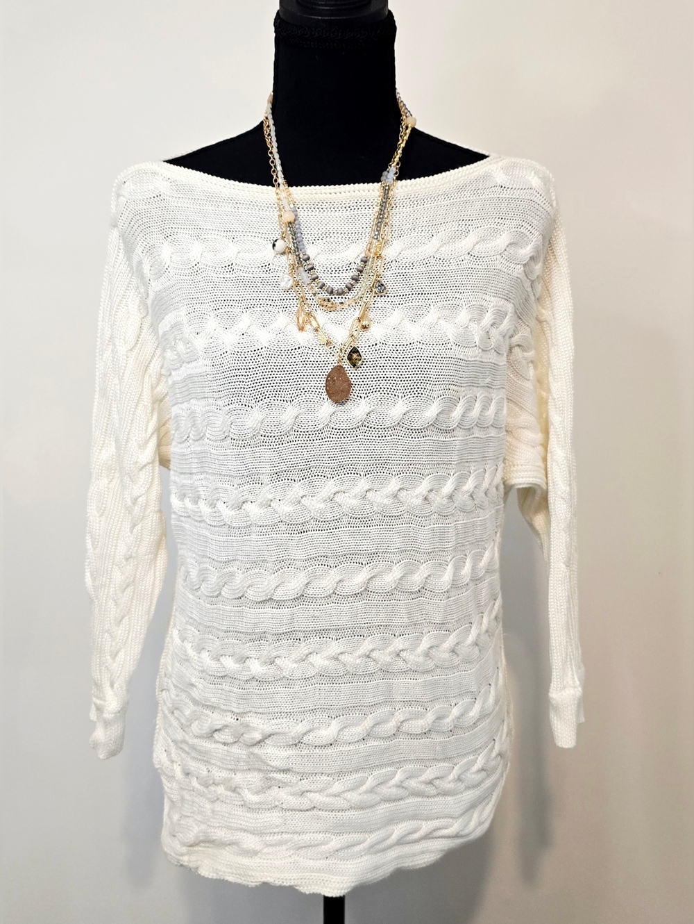 Lauren Ralph Lauren Cable Knit Sweater Ivory Medium Boat Neck Preppy Classic